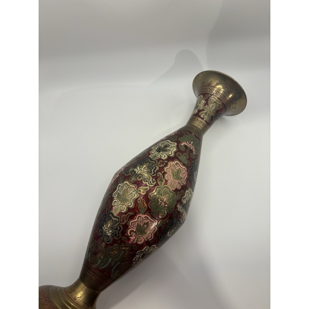 Vintage Indian Brass Vase Ornate Enameled Etched Floral Boho Red Green Gold - Picture 6 of 8